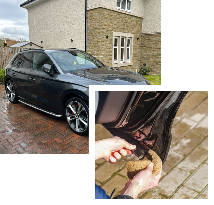 Tar being removed from car exterior and vehicle parked on driveway - Full car hand polish in Glasgow