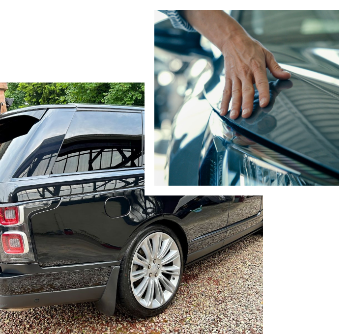 Close-up of hand polishing car bonnet and side view of black SUV - Mobile valeting and tar removal Glasgow