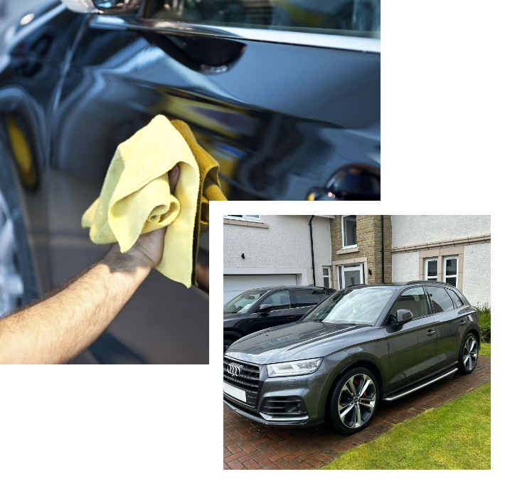 Hand polishing black car and full view of cleaned SUV - Mobile Valeting Glasgow