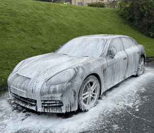 Mobile car wash Glasgow – full snow foam pre-wash on Porsche exterior